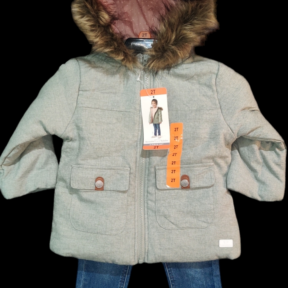 Koala 3-piece Set Lt Green Hooded Parka , Jeans & Pink Polka Dot Shirt